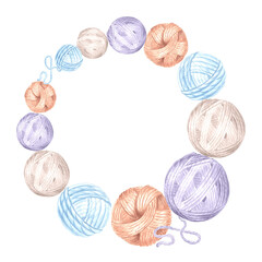 Watercolor round frame made of balls of wool. Wreath with tangles. Isolated hand drawn illustration with copy space for hobby knitting.Template for knitter blog, needlework store, embroidery, label.