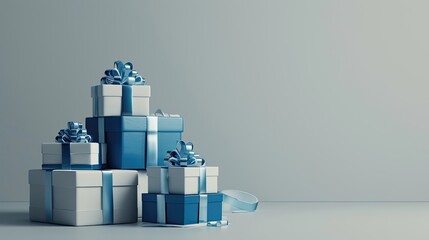 a stack of blue, white, or grey gift boxes against a crisp white background, from a horizontal angle with a head-up view, highlighting intricate details and ample empty space for text.