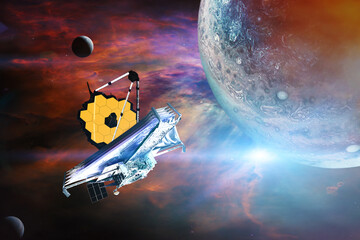 James Webb telescope explores outer space. JWST launch art. Elements of this image furnished by...