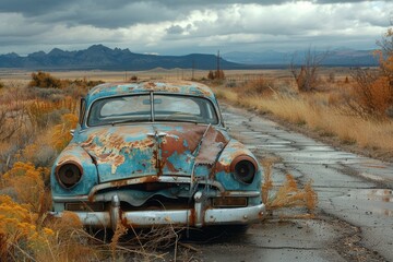 Fototapeta premium A rusty, abandoned classic car sitting decrepit on a deserted road amidst a moody, overcast landscape with mountains in the distance