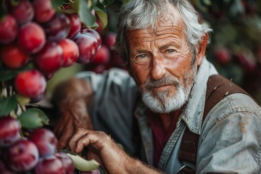 A close-up image of a senior man carefully inspecting the fruit harvest in an orchard