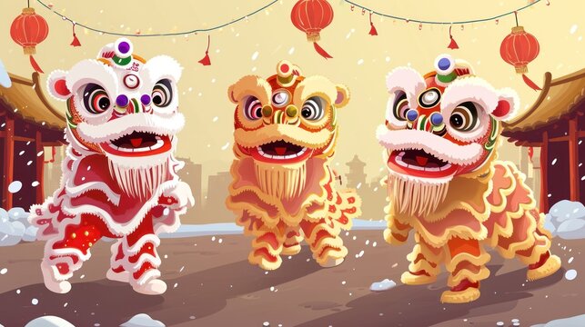 Clipart vector illustration of lion dance as the traditional Chinese folk event activities during Chinese lunar new year celebration.