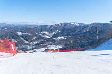 Ski resort with snow mountain, sport recreation in winter season. - 764933563