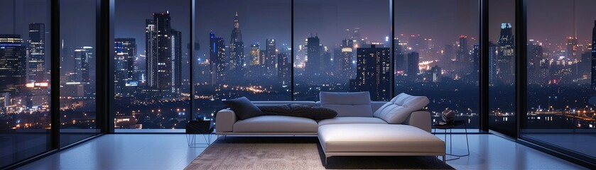 Calm expansive view of the city at night from a minimalist room