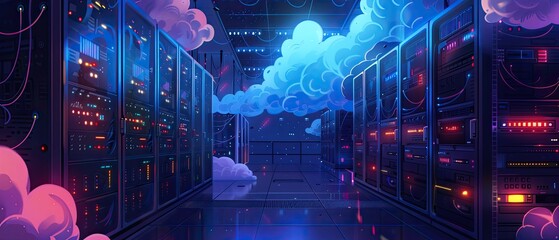Obraz premium A cloud-based server farm tended by sprites ensuring the smooth operation of magical networks