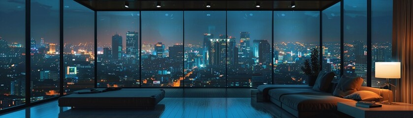 Calm expansive view of the city at night from a minimalist room - obrazy, fototapety, plakaty