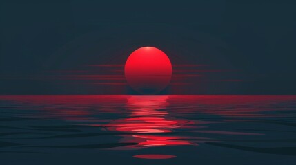 Scarlet moon ignites the night sky, painting waves in crimson. - obrazy, fototapety, plakaty