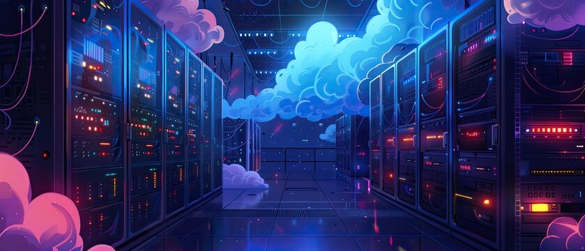 A cloud-based server farm tended by sprites ensuring the smooth operation of magical networks