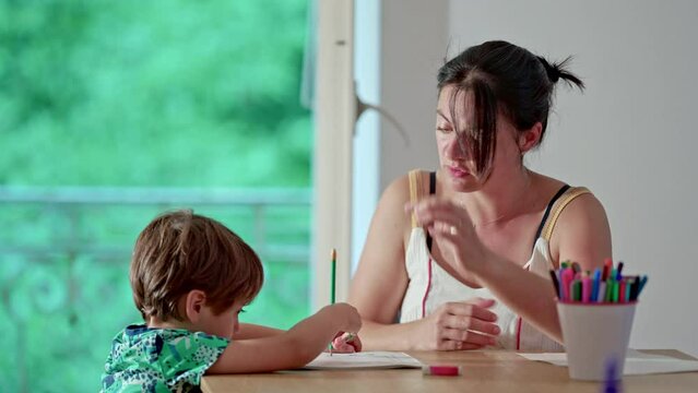 Struggles Of Home Education - Exhausted Mom Frustrated With Youngster&rsquo;s Sloppy Homework Effort
