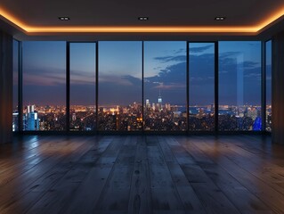 Empty modern room offering a peaceful view of the citys glowing skyline - obrazy, fototapety, plakaty
