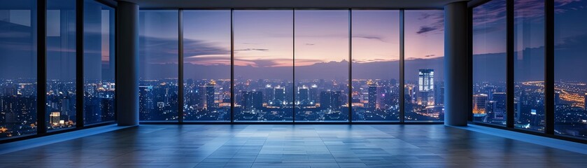 Empty room with an open view showcasing the citys serene nightscape and modern architecture