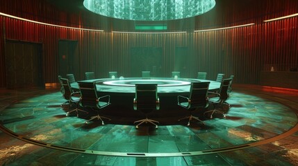 A negotiation room with a round table that floats enhancing diplomacy with its ancient magic - obrazy, fototapety, plakaty