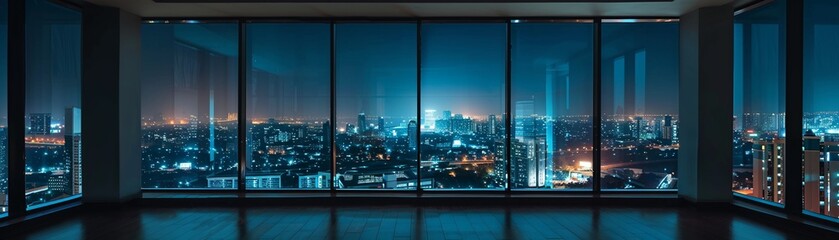 Fototapeta na wymiar Empty room with an open view showcasing the citys serene nightscape and modern architecture