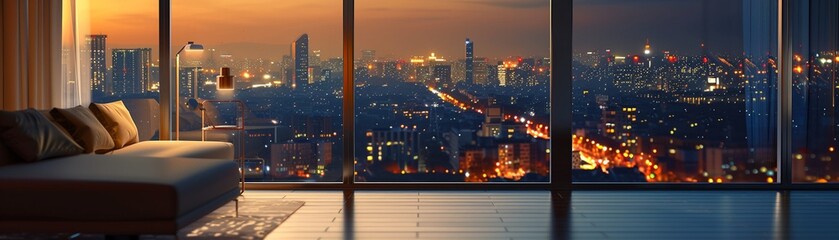Expansive serene view of the citys glowing skyline from a modern