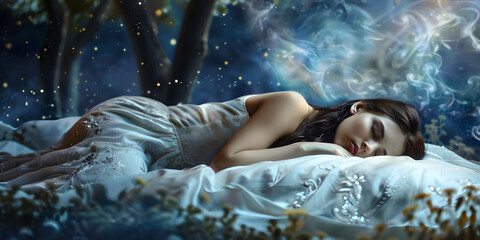 Deep REM sleep is healing - pretty young woman lying asleep on top of bed with wispy ethereal dreamlike background ideal for a sleep health insomnia campaign message
- 764934183