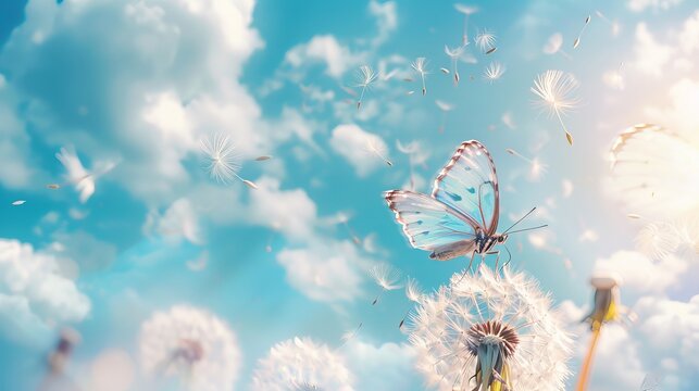 "A natural pastel background featuring a Morpho butterfly and a dandelion, with its seeds dispersed against a backdrop of blue sky adorned with clouds. Ample copy space available."