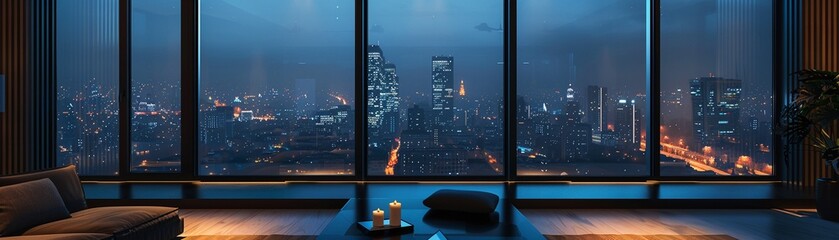 Expansive window to a serene urban nightscape in a sleek