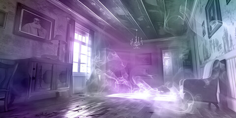 Haunted House ethereal plasma entity - interior of an old house with misty wispy gaseous energy  formation ideal for a spooky ghost hunter theme with copy space
- 764934591
