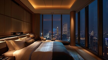 High-rise room with expansive urban views showcasing minimalist design and serene