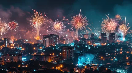 Foto op Plexiglas Beautiful fireworks show over city to celebrate Chinese lunar new year. © rabbit75_fot
