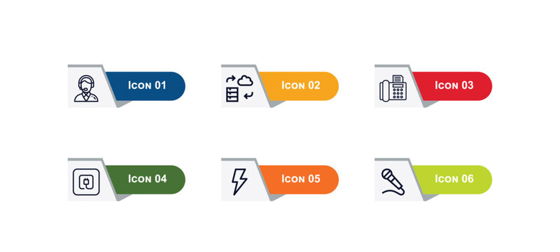 outline icons set from technology concept. editable vector included customers, circular database, telephone with fax, basic plug, camera flash, old mic icons.