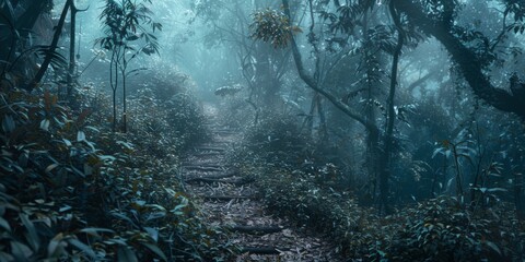 in the jungle. misty forest image. 