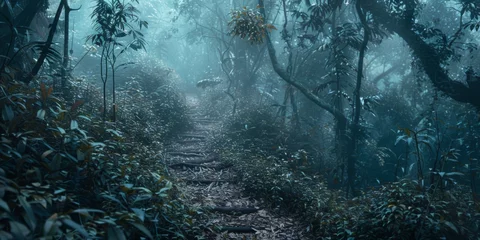 Afwasbaar behang Mistige ochtendstond in the jungle. misty forest image. 