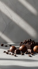 coffee beans and chocolates with hyper-realistic precision against a shadowy background, framed from a frontal viewpoint on a product backdrop