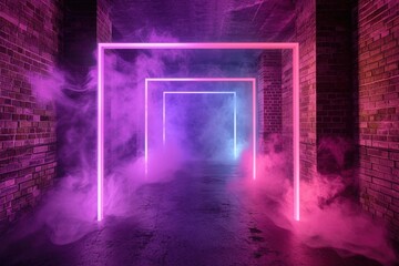 Obraz premium Background of an empty room with brick walls and neon lights laser lines and multi colored smoke