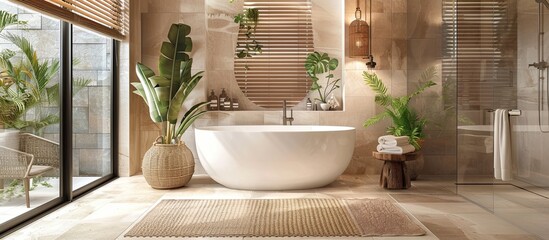 Fototapeta premium The image shows a bathtub inside a bathroom, accompanied by a plant placed in the corner of the room