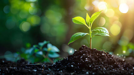 Small plant on a pile of soil on green bokeh background