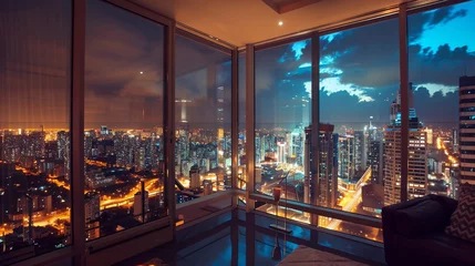Foto op Plexiglas Quiet minimalist apartment offering expansive views of the citys nighttime skyline © WARIT_S