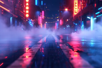 Dark street reflection with neon lights and smoke.