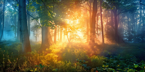 Golden light streaming through beautiful forest scenic landscape - 764936159