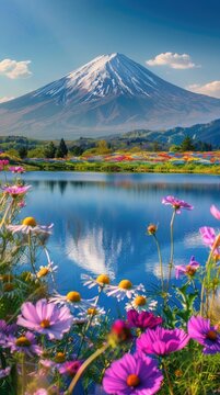 a snow-capped mountain illuminated by the midday sun, with a serene blue lake reflecting its image amidst a foreground of vibrant flowers.