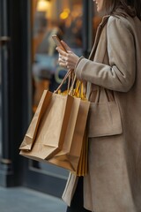 Young Woman with Shopping Bags Using Smartphone - obrazy, fototapety, plakaty