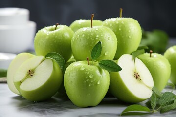 Closeup shot of fresh green apples cut isolated on the white wall, generative IA