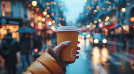 Close-up view of a hand holding a steaming hot coffee in a busy city street. - obrazy, fototapety, plakaty