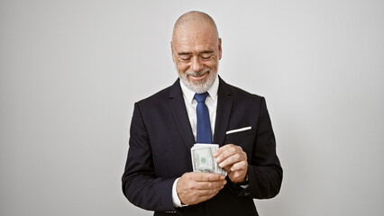 A senior hispanic man in a suit smiling while holding us dollars against a white background.