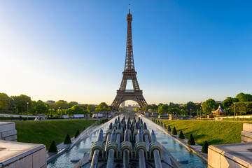 View of Eiffel Tower from Jardins du Trocadero in Paris, France. Eiffel Tower is one of the most iconic landmarks of Paris - 764937128