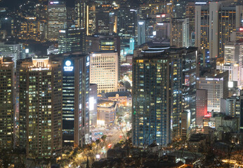 Naklejka premium Aerial view of Seoul Downtown Skyline, South Korea. Financial district and business centers in smart urban city in Asia. Skyscraper and high-rise buildings.