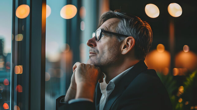 Businessman thinking in modern office working on future company growth, Manager with ideas and innovation