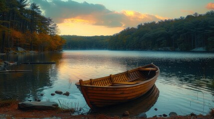 Obraz premium a small wooden boat pulled up onto the shore of a lake, surrounded by the fading light of dusk.