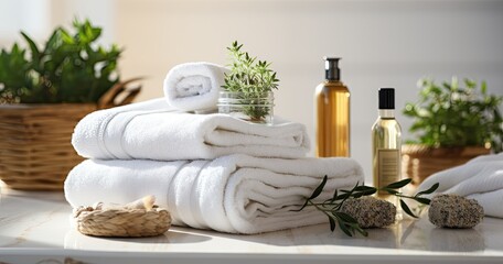 Obraz na płótnie Canvas Bath towels with beauty treatment products setting in spa center in white room,