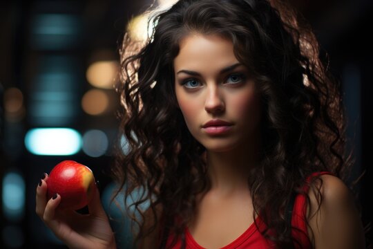 Fitness girl enjoying fruits portrait of lady brunette eating red apple, generative IA