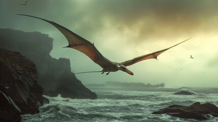 Fototapeta premium Flying dinosaur, Pterodactyl, flying high in sky over sea coast. Photorealistic.
