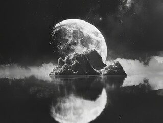 Moon casts serene reflection over tranquil sea, mesmerizing horizon.