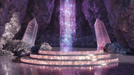 Enchanted Crystal Display with Luminous Galactic Waterfall in Mystical Cave
 - obrazy, fototapety, plakaty