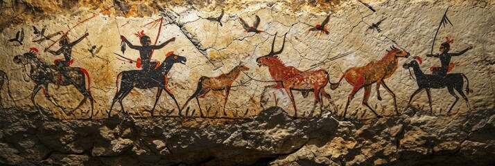 Prehistoric rock painting on ancient cave wall by caveman.
