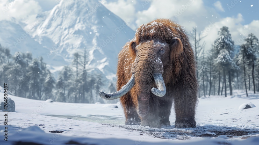 Wall mural Mammoth walking in snow field in freezing winter.